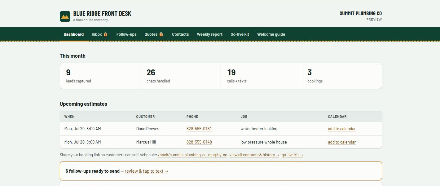 The client portal: leads captured, chats handled, calls and messages, bookings, upcoming estimates with customer names and phone numbers, and follow-ups ready to send.